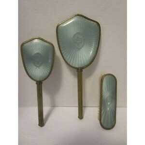 Antique Guilloche Enamel 3 Piece Vanity Set Mirror & 2 Brushes Bronze Handles